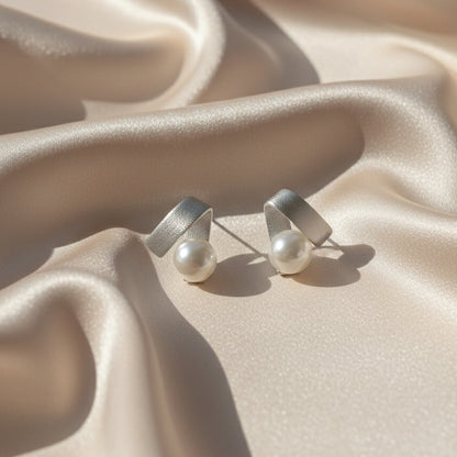 French Ribbon and Pearl Geometric Stud Earrings