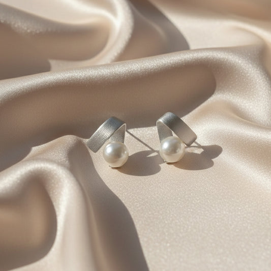 French Ribbon and Pearl Geometric Stud Earrings